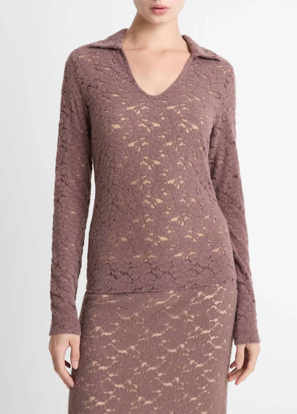 NEW VINCE lace long sleeve polo top in smoky berry